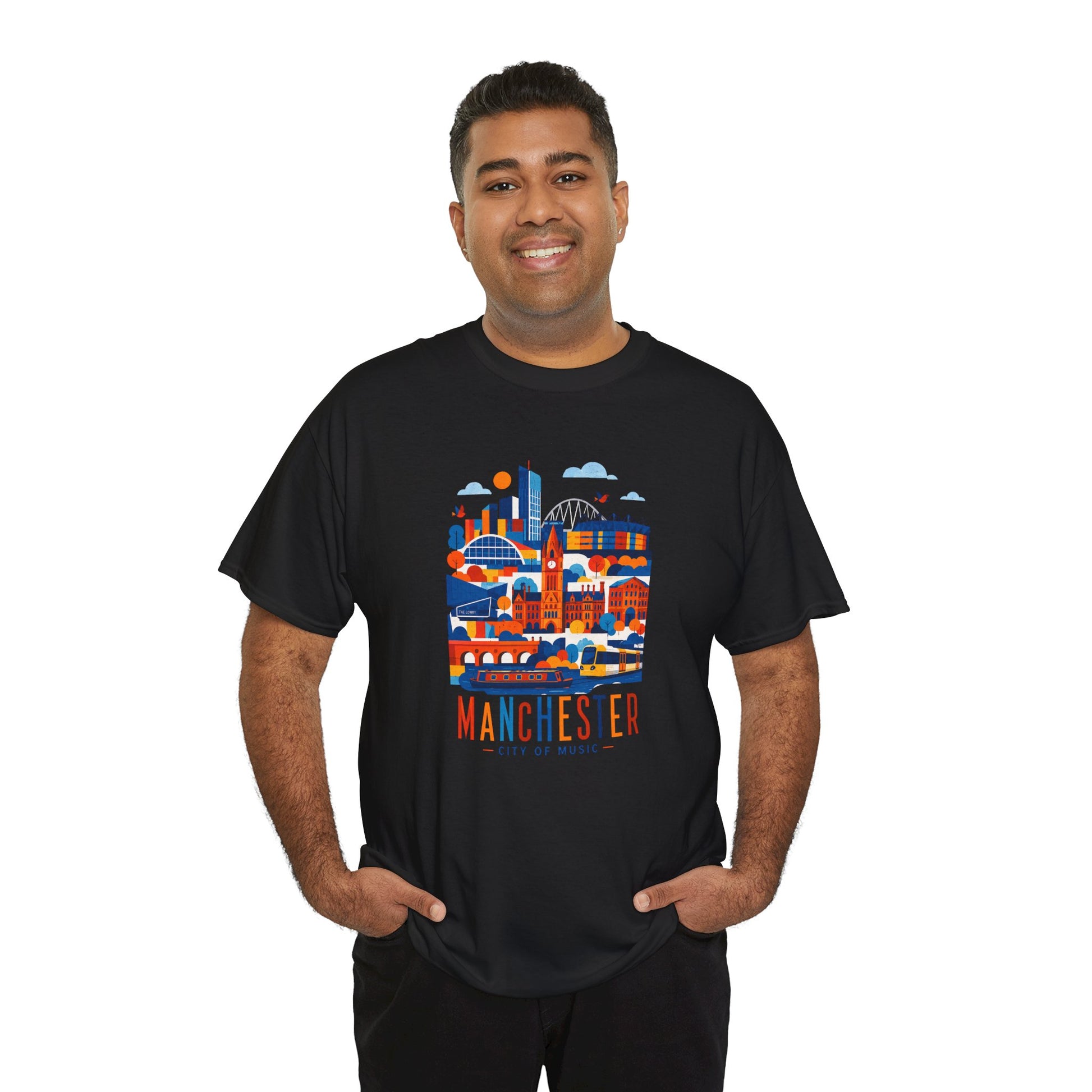 Manchester Skyline T-shirt, black crew neck with Manchester skyline graphic, relaxed front