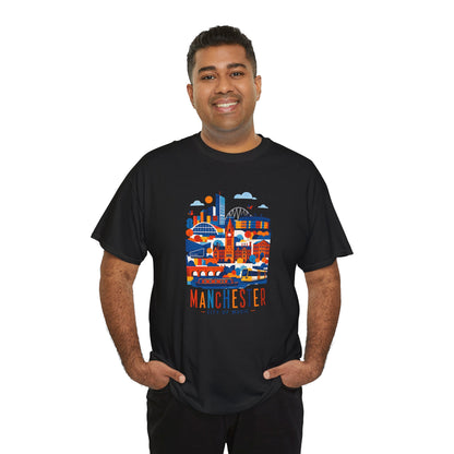 Manchester Skyline T-shirt, black crew neck with Manchester skyline graphic, relaxed front