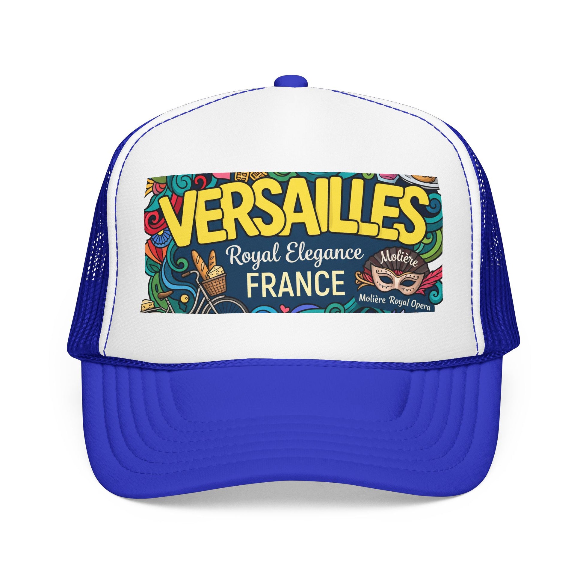 White and blue trucker hat with mesh back and “Versailles France” front patch