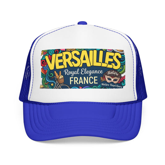 White and blue trucker hat with mesh back and “Versailles France” front patch