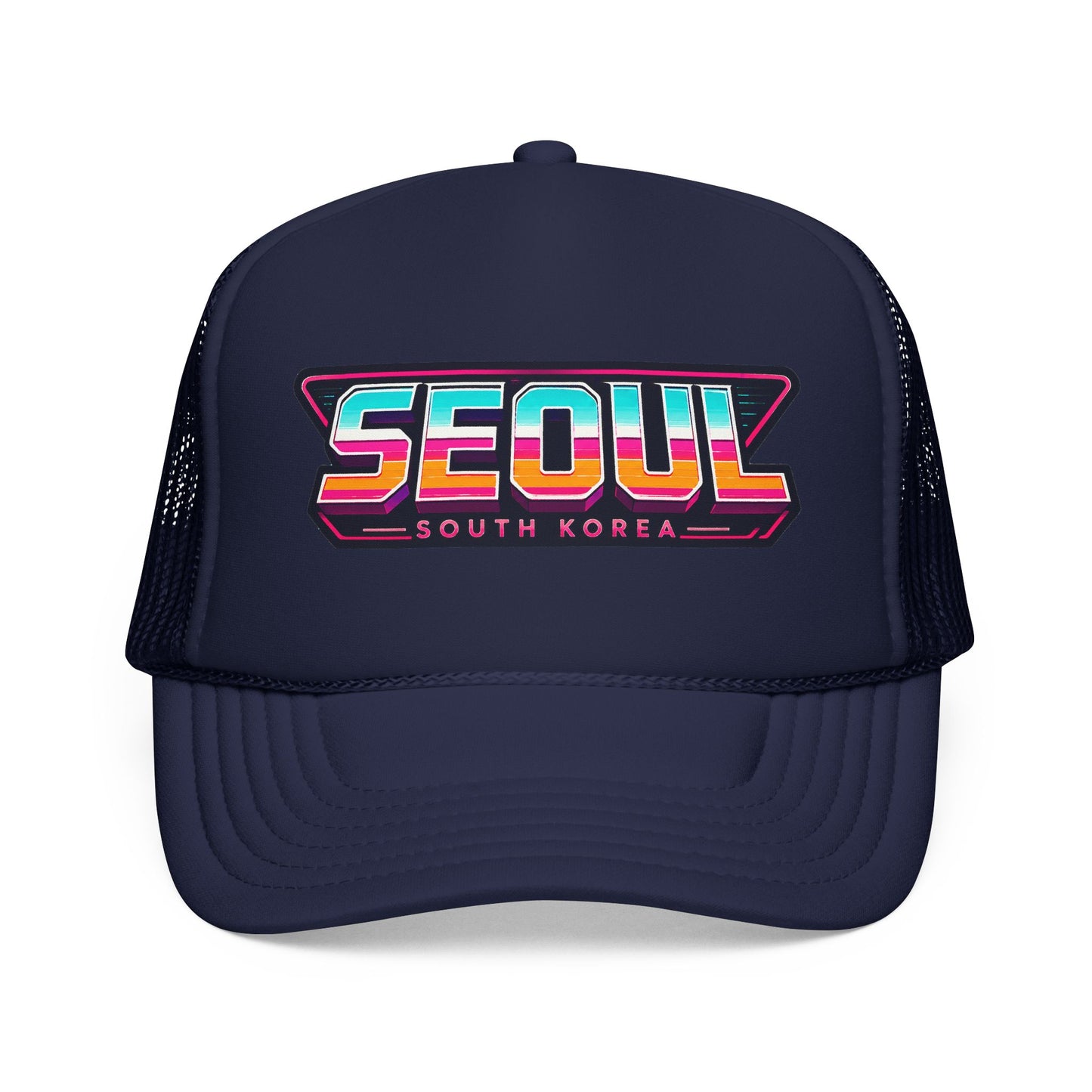 Dark navy trucker hat with embroidered “SEOUL SOUTH KOREA” patch logo