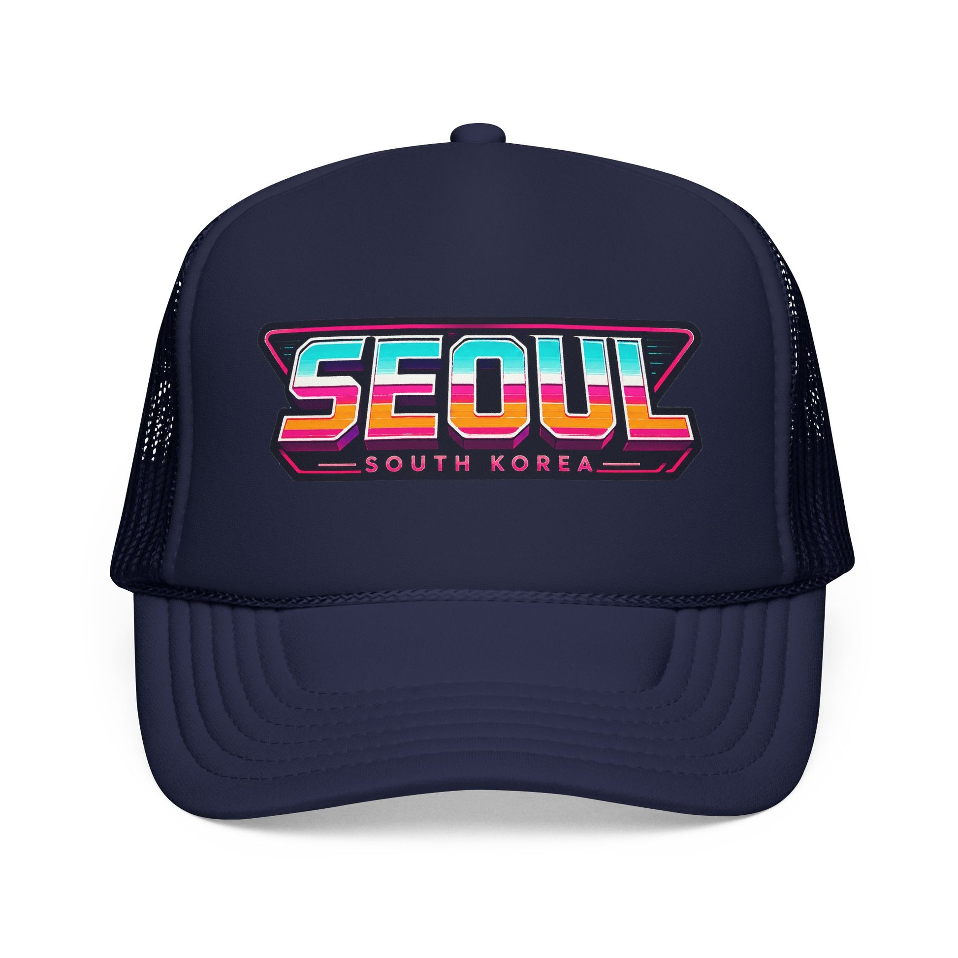 Dark navy trucker hat with embroidered “SEOUL SOUTH KOREA” patch logo