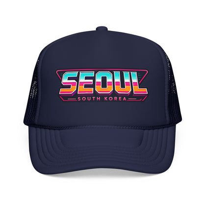 Dark navy trucker hat with embroidered “SEOUL SOUTH KOREA” patch logo