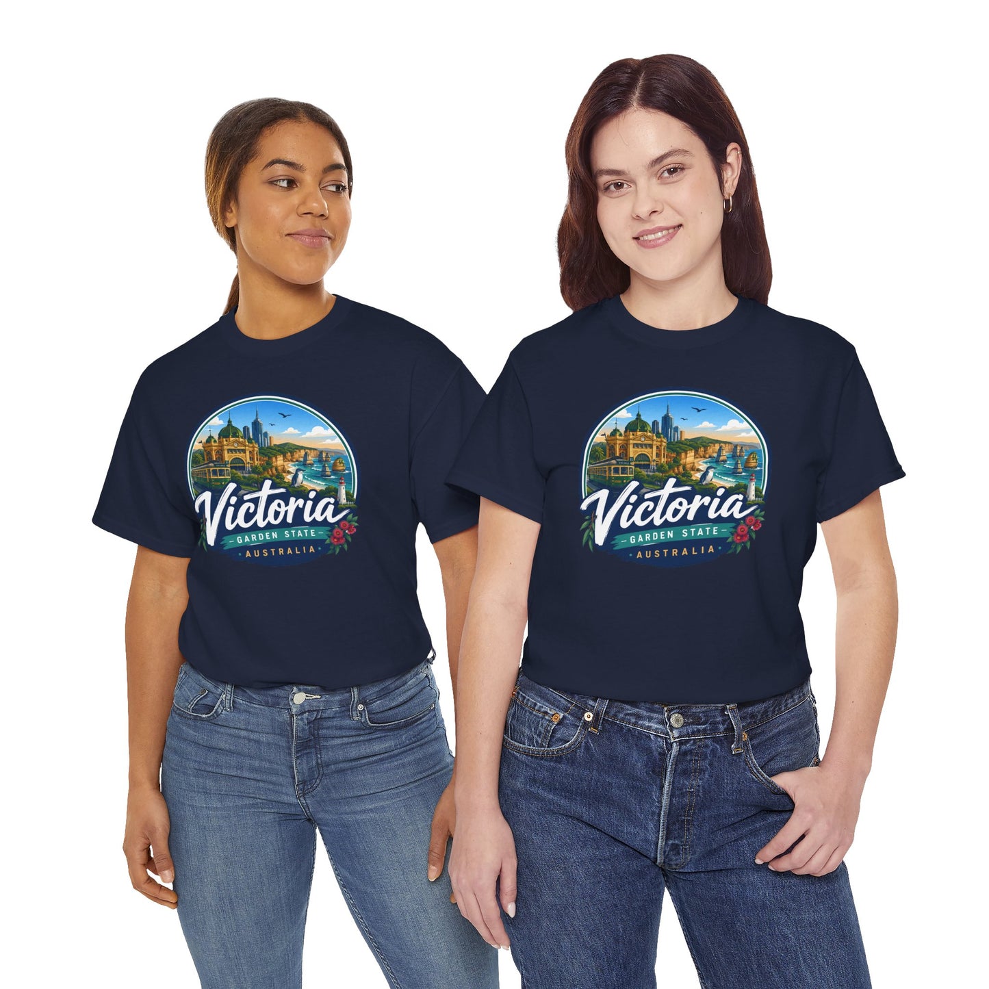 Navy crew-neck travel t-shirt with circular Victoria landmark graphic, worn by models