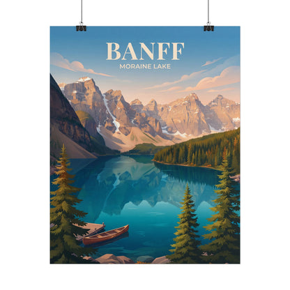 Banff Moraine Lake rolled poster print hanging with mountains, lake, pine forest, and canoe