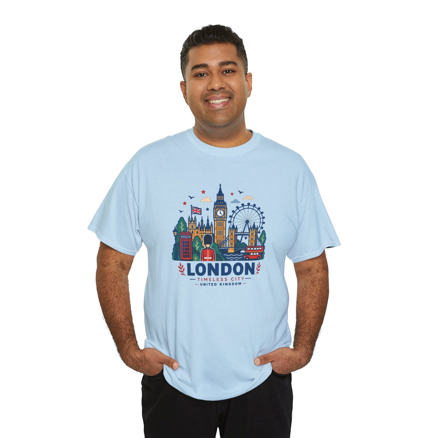 Light blue London skyline graphic T-shirt on model, short sleeves and crew neck.