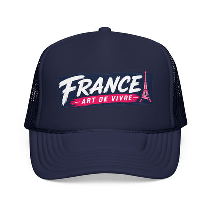 Navy trucker hat with mesh sides and “FRANCE Art de Vivre” front print