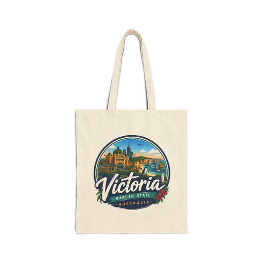Natural canvas vintage travel tote bag with circular Victoria Australia logo graphic