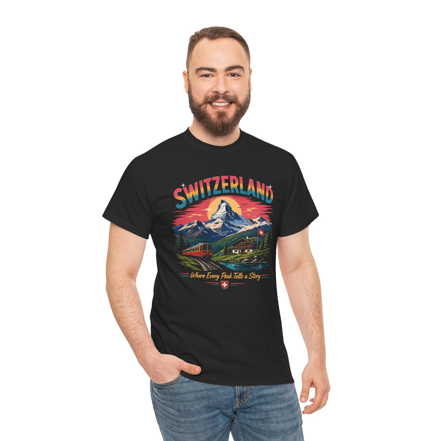 Black crew-neck T-shirt on a man with Switzerland mountain front graphic.