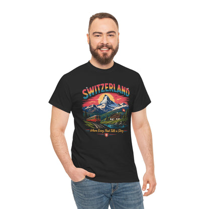 Black crew-neck T-shirt on a man with Switzerland mountain front graphic.
