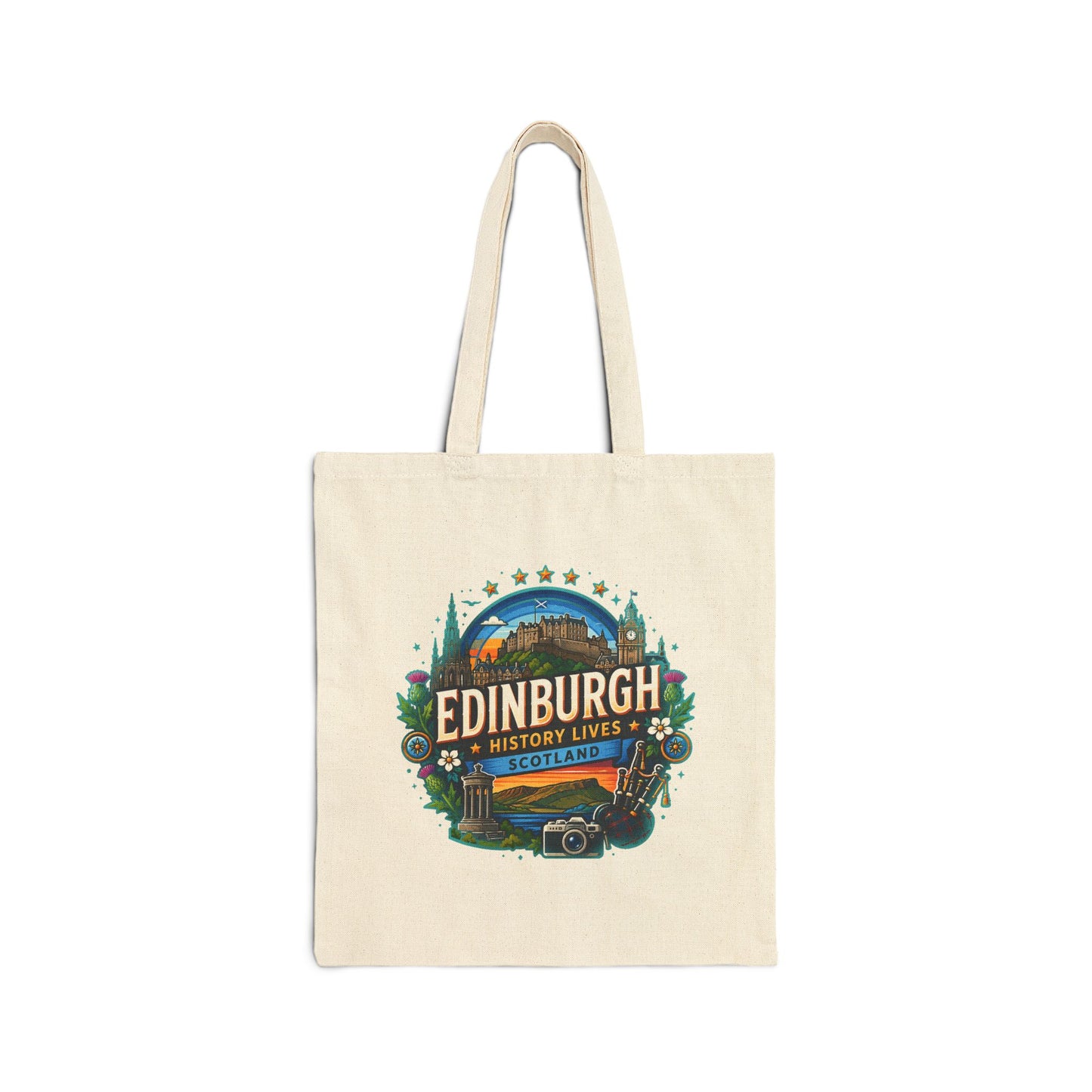 Natural canvas tote bag with Edinburgh history lives Scotland logo print