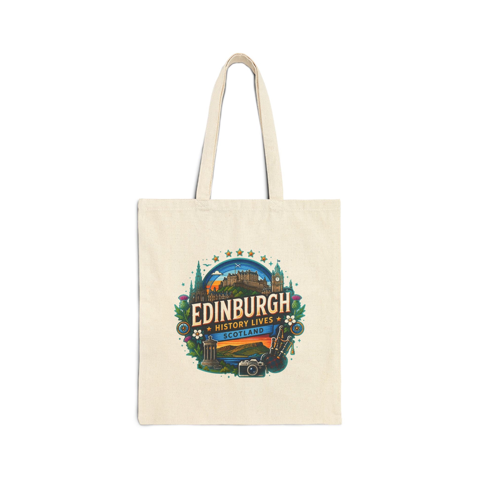 Natural canvas tote bag with Edinburgh history lives Scotland logo print