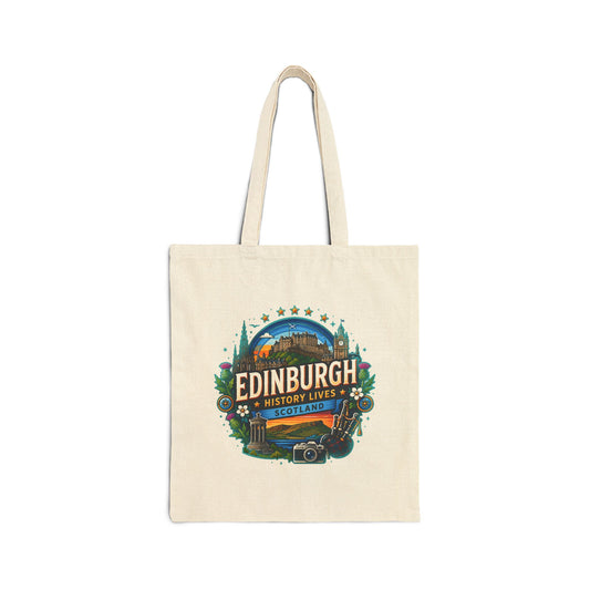 Natural canvas tote bag with Edinburgh history lives Scotland logo print