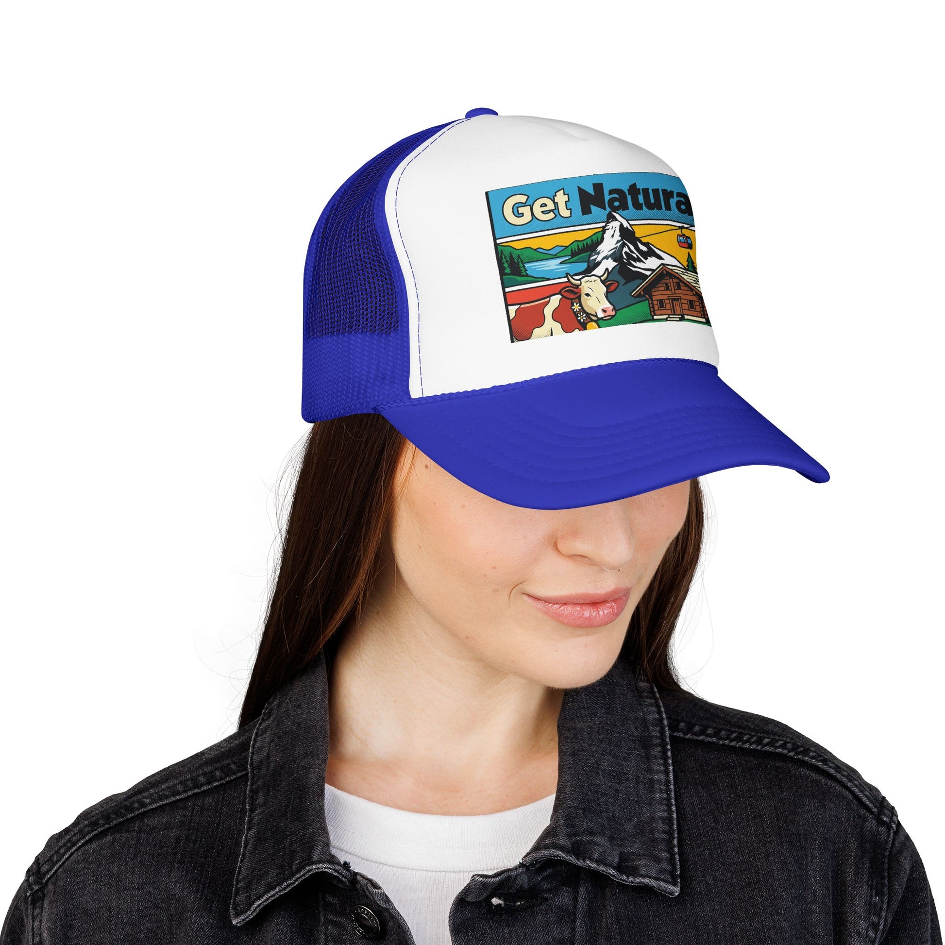 Royal blue and white trucker hat with front logo patch and curved brim on model