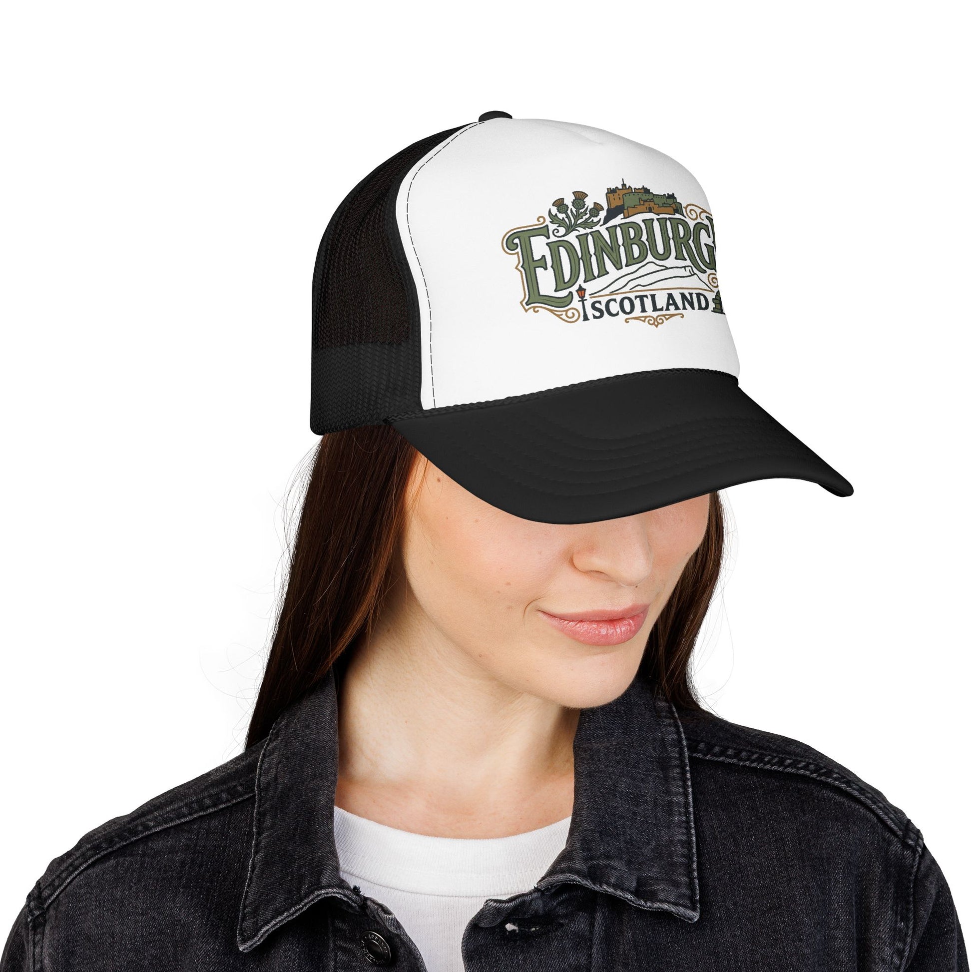 Two-tone white and black trucker hat with mesh sides and embroidered Edinburgh logo.
