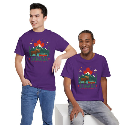 Purple short-sleeve T-shirt with colorful maple tree graphic and Canada text