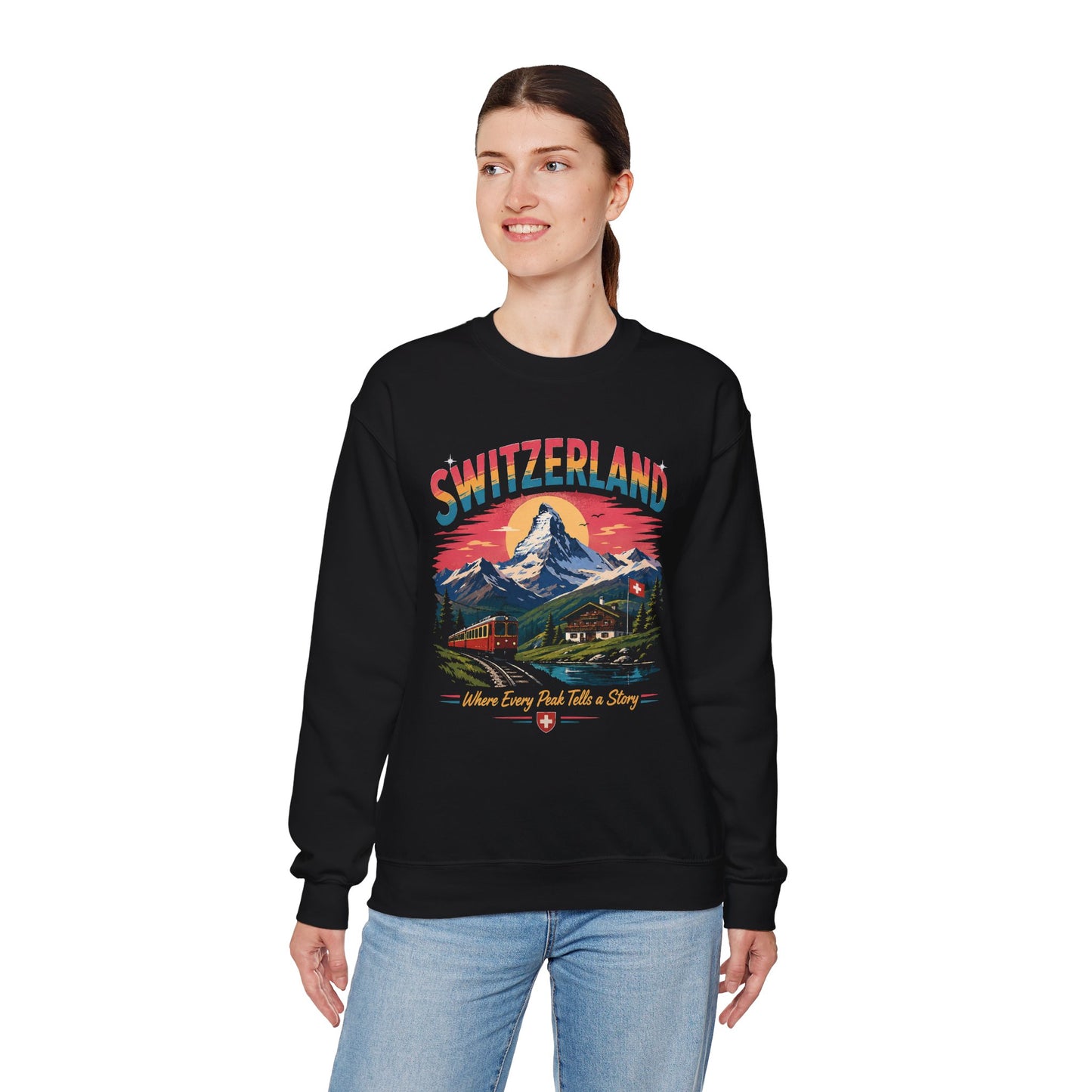 Black crewneck sweatshirt with Switzerland graphic print on front, worn by model
