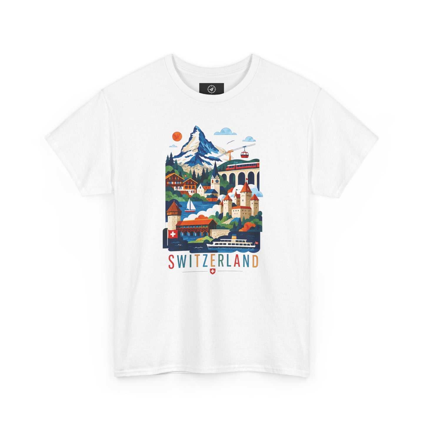 White crew-neck T-shirt with colorful Switzerland village graphic on the front