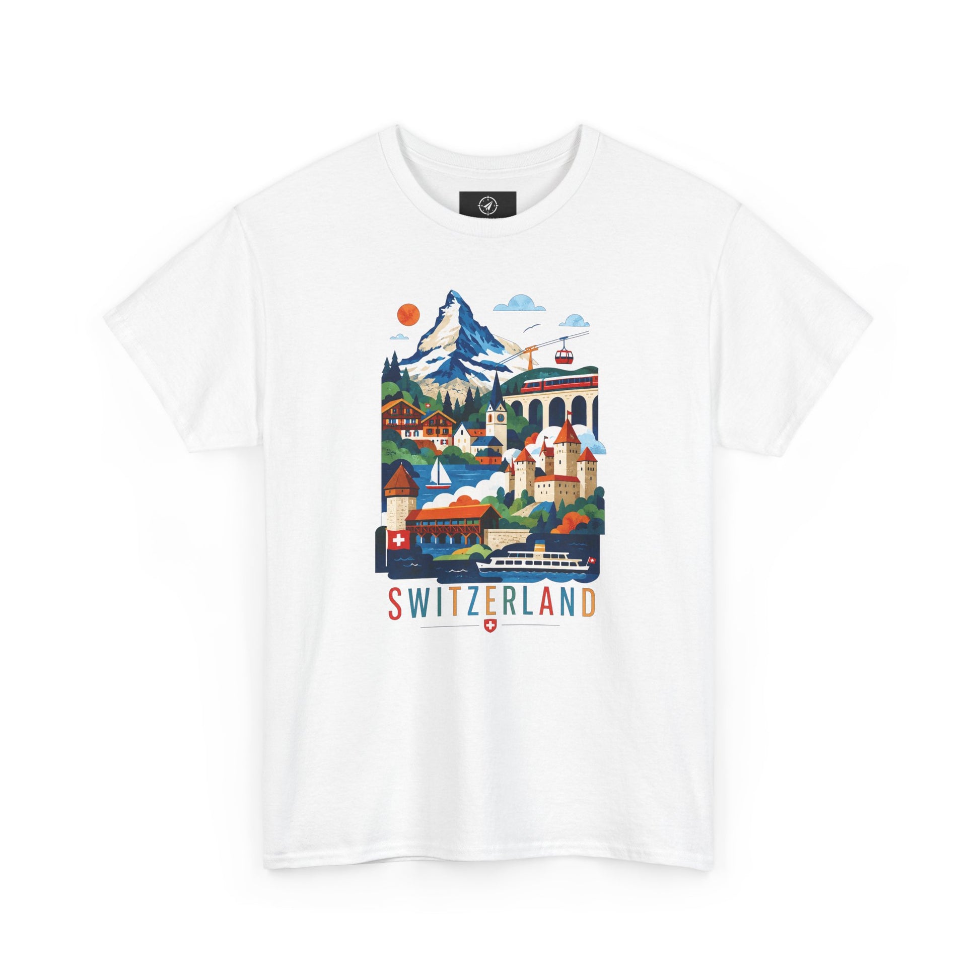 White crew-neck T-shirt with colorful Switzerland village graphic on the front