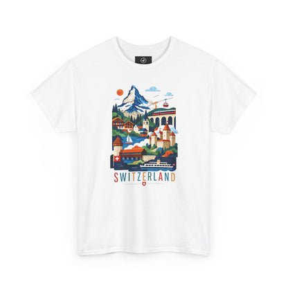 White crew-neck T-shirt with colorful Switzerland village graphic on the front