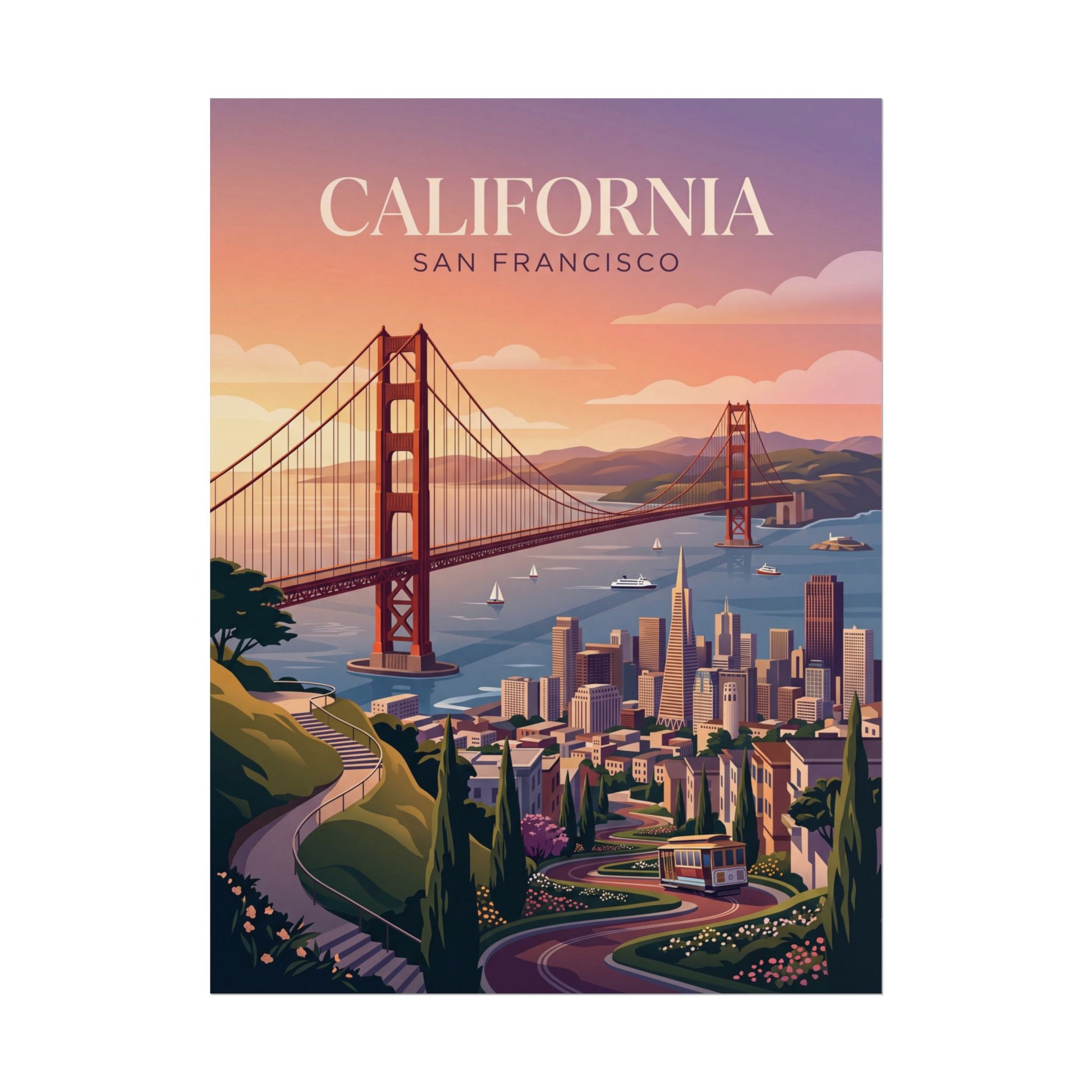 San Francisco California poster showing Golden Gate Bridge, coastline path, and downtown buildings