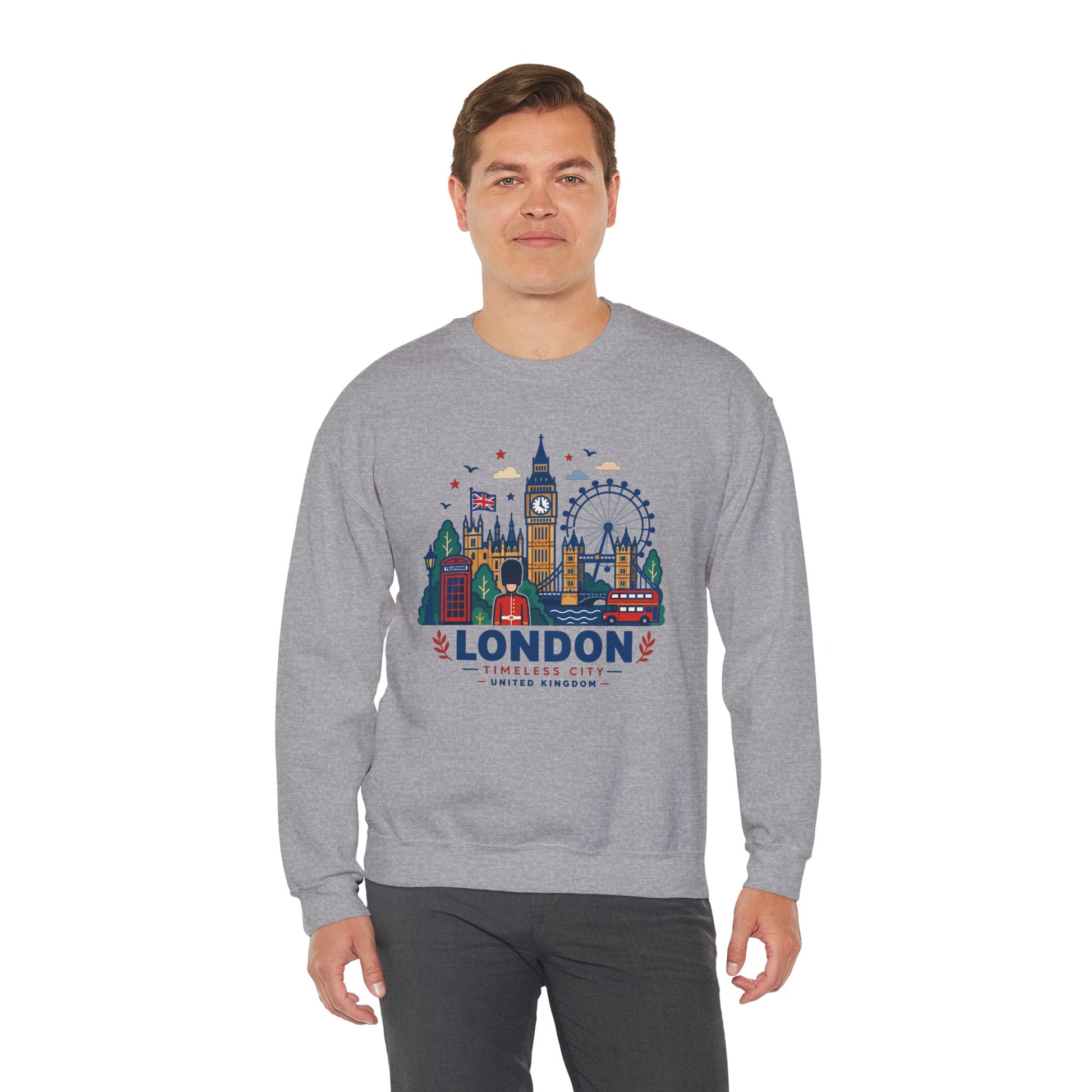 Heather gray crewneck sweatshirt with colorful London skyline graphic on front
