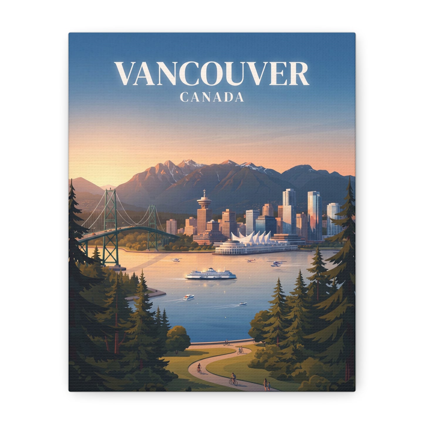 Matte canvas wall art with blue-sky city skyline, mountains, harbor water, and evergreen trees.
