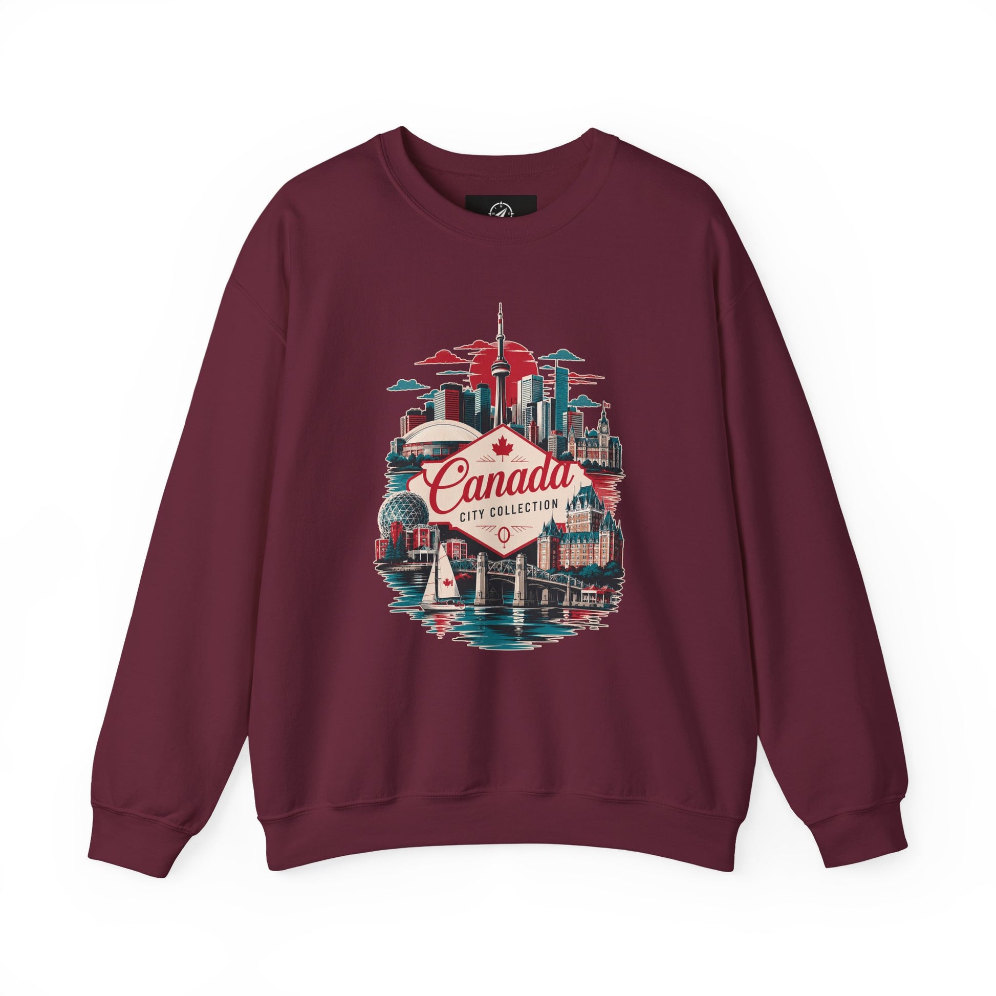 Crewneck sweatshirt in maroon with colorful Canada skyline graphic on front
