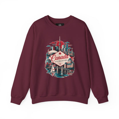Crewneck sweatshirt in maroon with colorful Canada skyline graphic on front