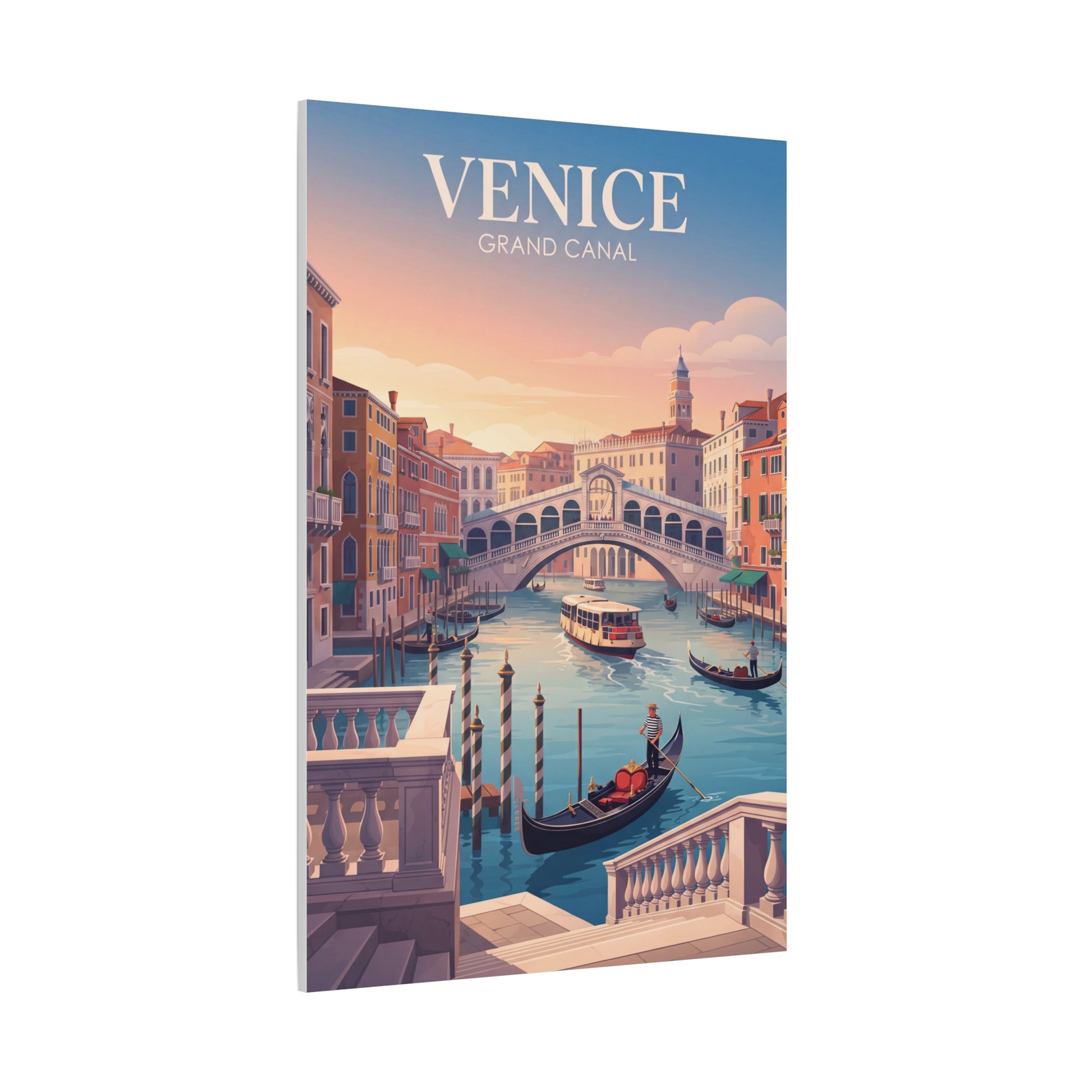 Venice canal matte canvas print with gondolas, bridge, and tower in distance