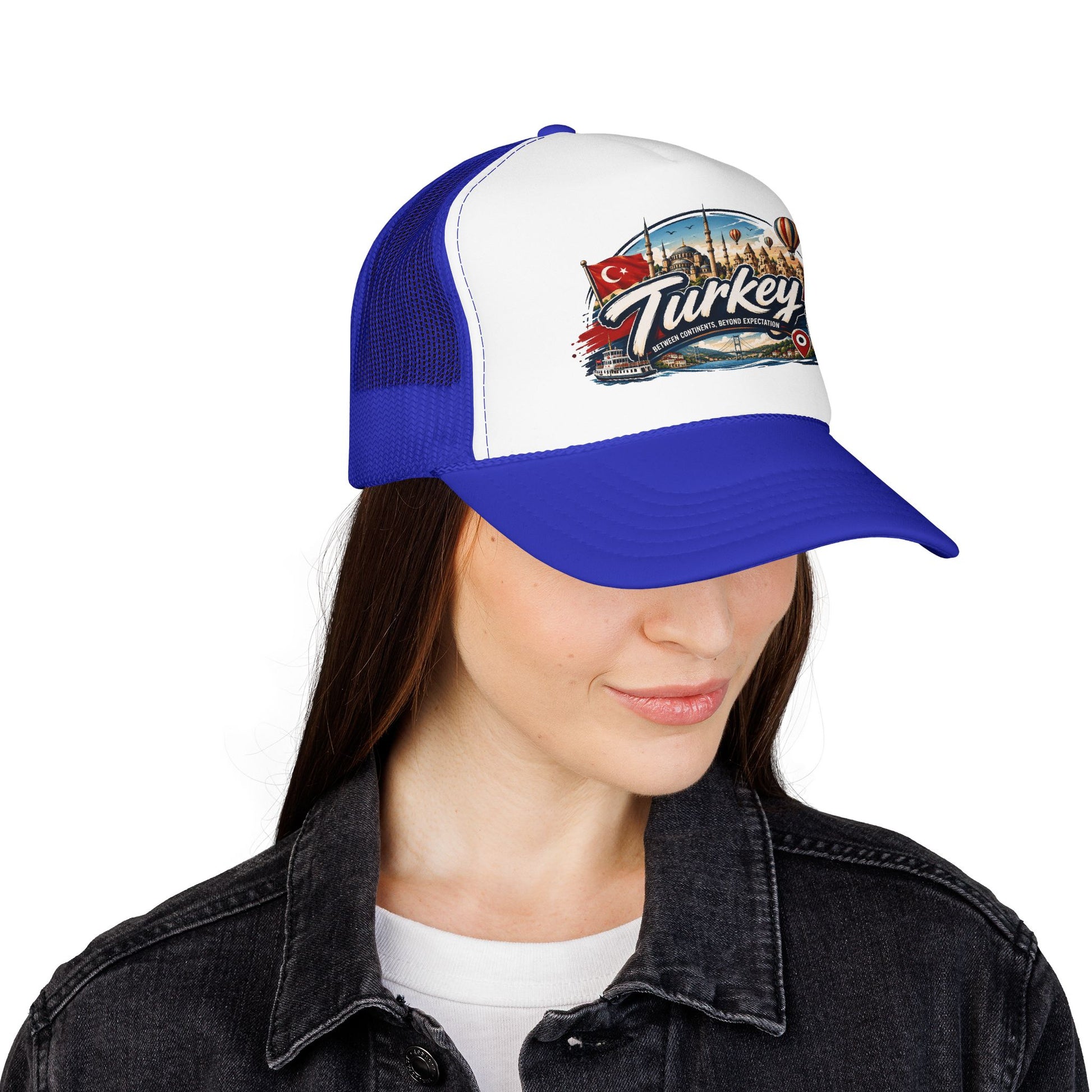 Blue and white trucker hat with front Turkey emblem, mesh back, and curved brim