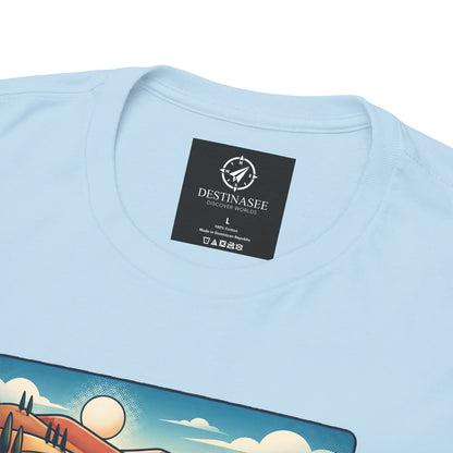 Light blue T-shirt back neckline with black brand label and scenic edge