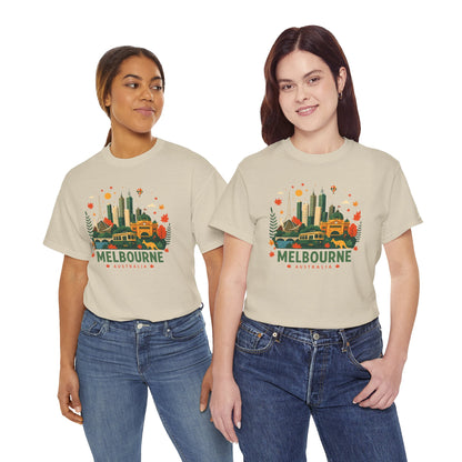 Beige T-shirt with colorful Melbourne skyline graphic across the chest