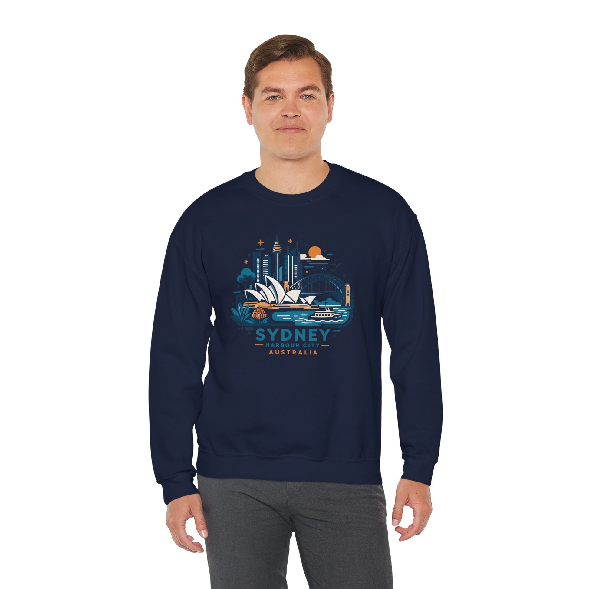 Navy crewneck sweatshirt with front Sydney harbor graphic print
