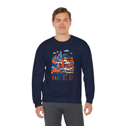 Navy crewneck sweatshirt with colorful Manchester cityscape graphic on front