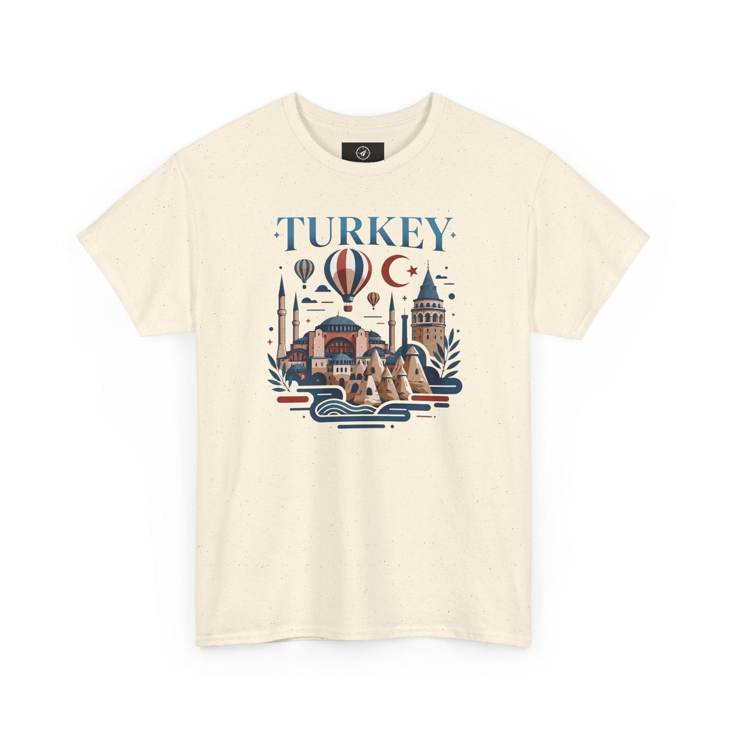 Cream T-shirt with blue Turkey-themed skyline, hot air balloon, and crescent moon graphic