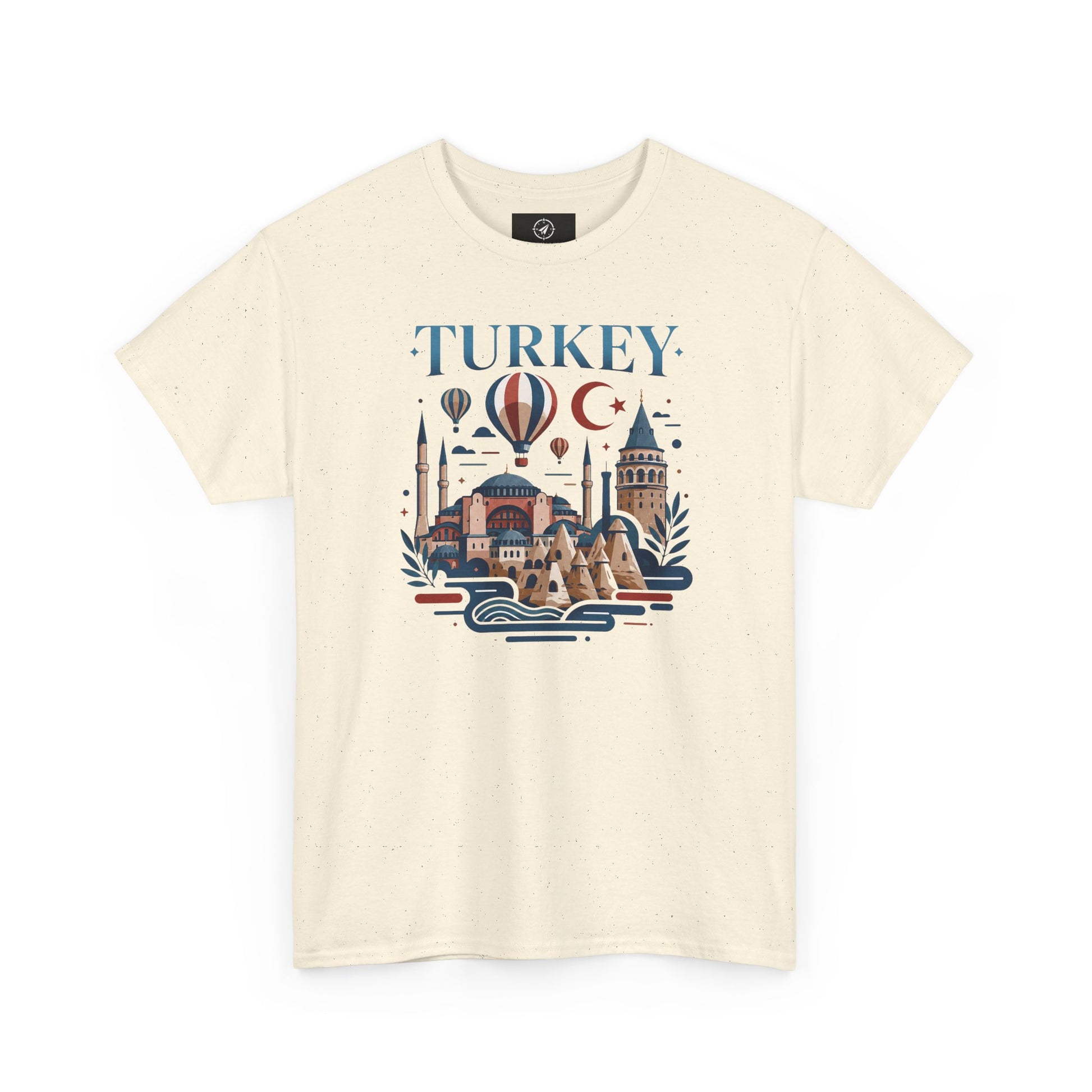 Cream T-shirt with blue Turkey-themed skyline, hot air balloon, and crescent moon graphic