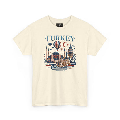 Cream T-shirt with blue Turkey-themed skyline, hot air balloon, and crescent moon graphic