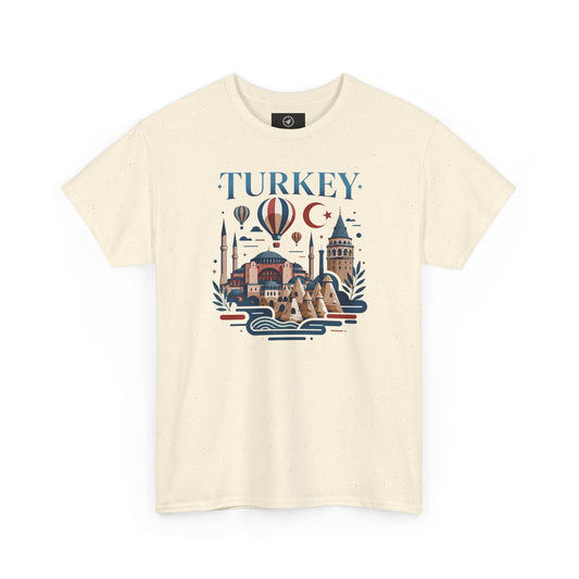 Cream T-shirt with blue Turkey-themed skyline, hot air balloon, and crescent moon graphic