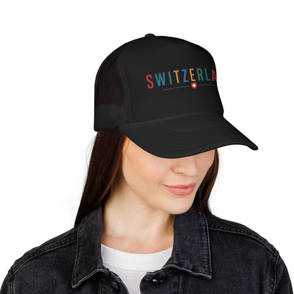 Black foam trucker cap with SWITZERLAND logo on front and mesh back panel