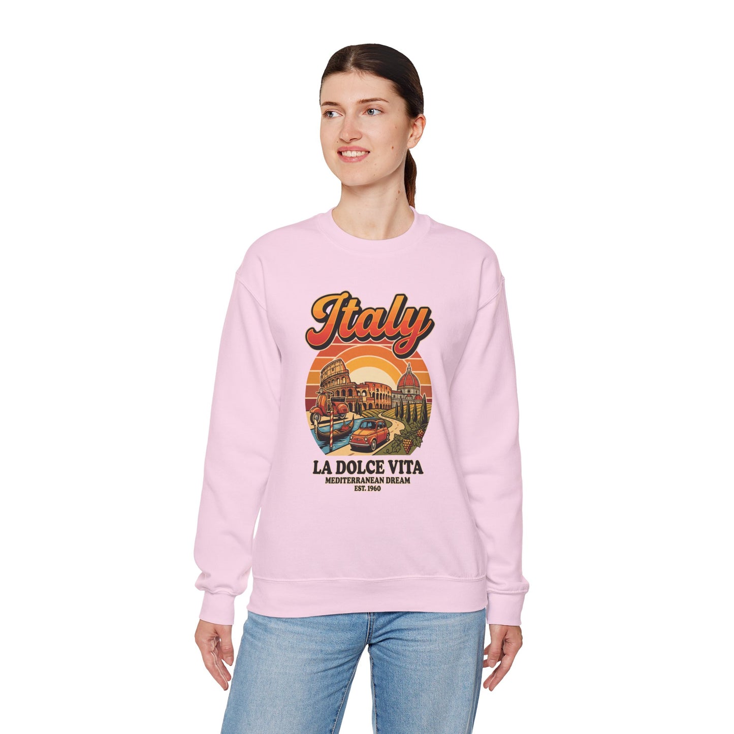 Light pink crewneck sweatshirt with “Italy La Dolce Vita” graphic on the chest