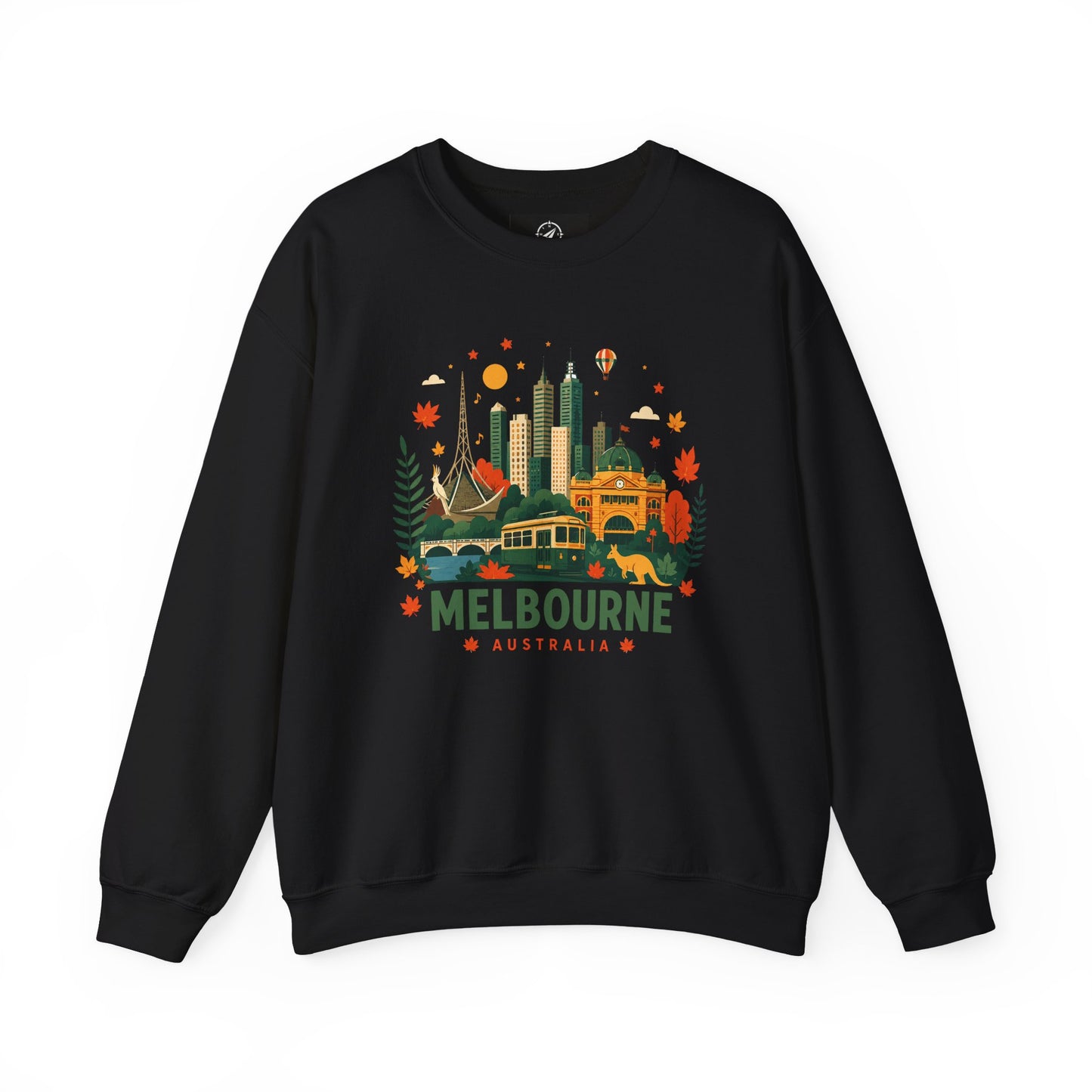Melbourne cityscape sweatshirt, black crewneck with colorful Melbourne graphic on front