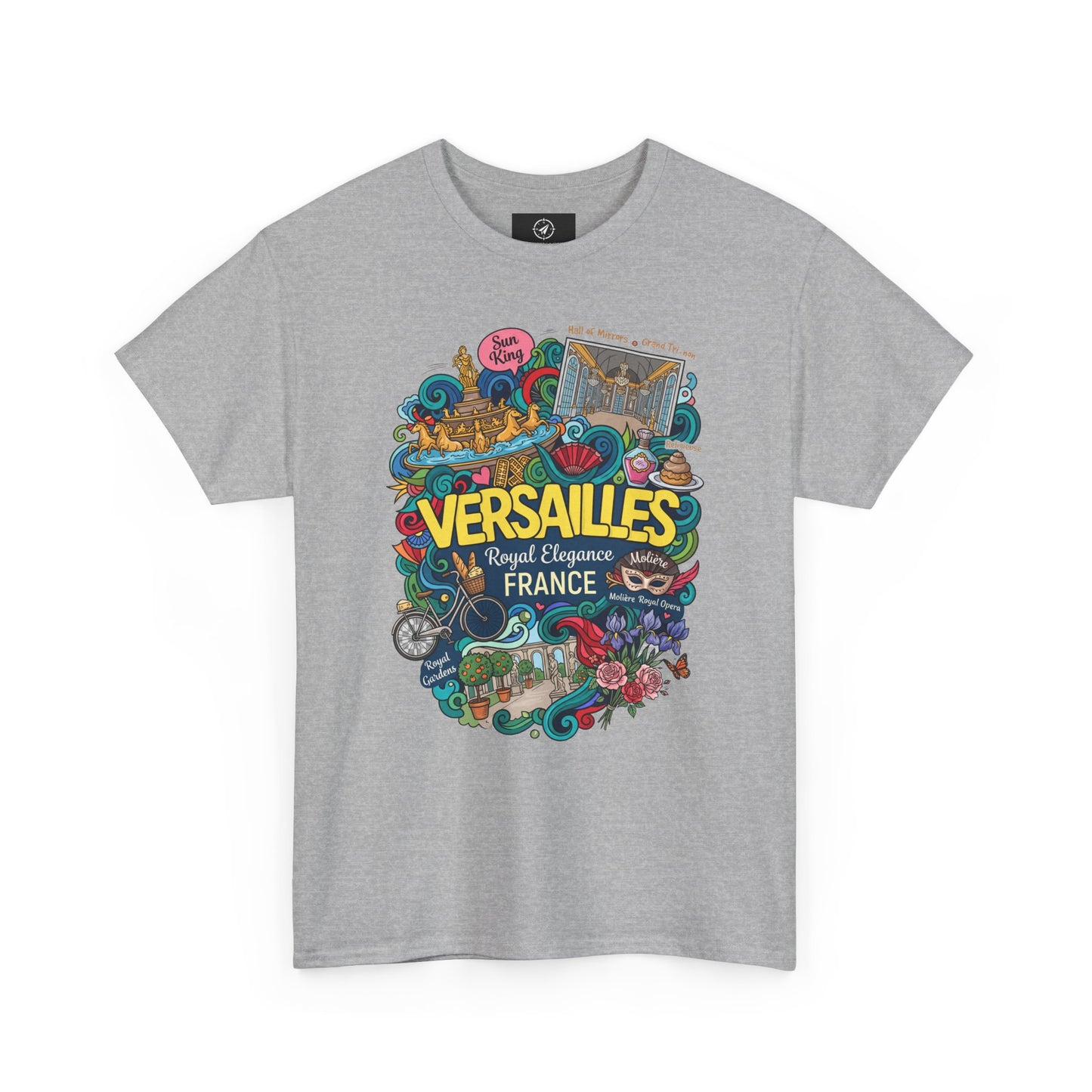 Light gray crewneck T-shirt with colorful Versailles France graphic illustration