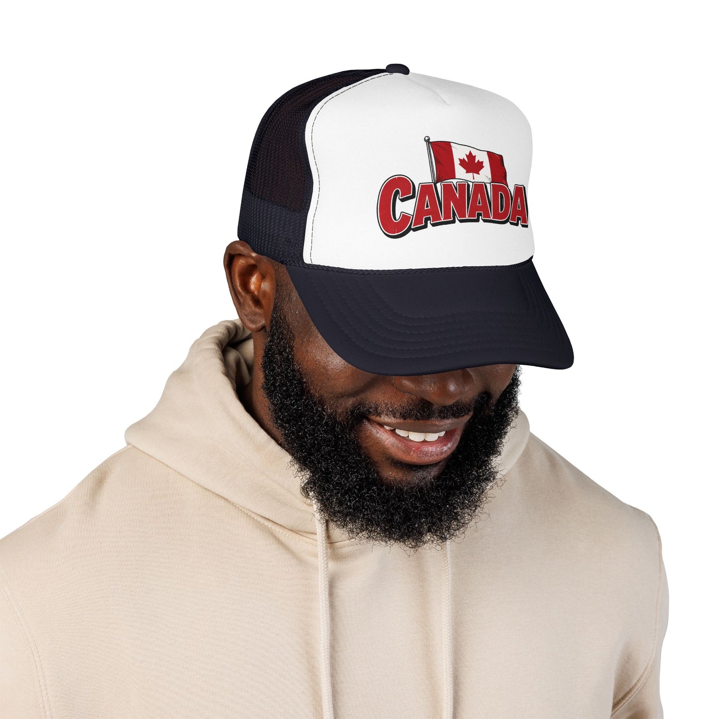 Black-and-white trucker hat with Canada logo patch on front and curved brim.