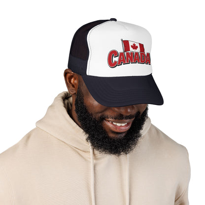 Black-and-white trucker hat with Canada logo patch on front and curved brim.