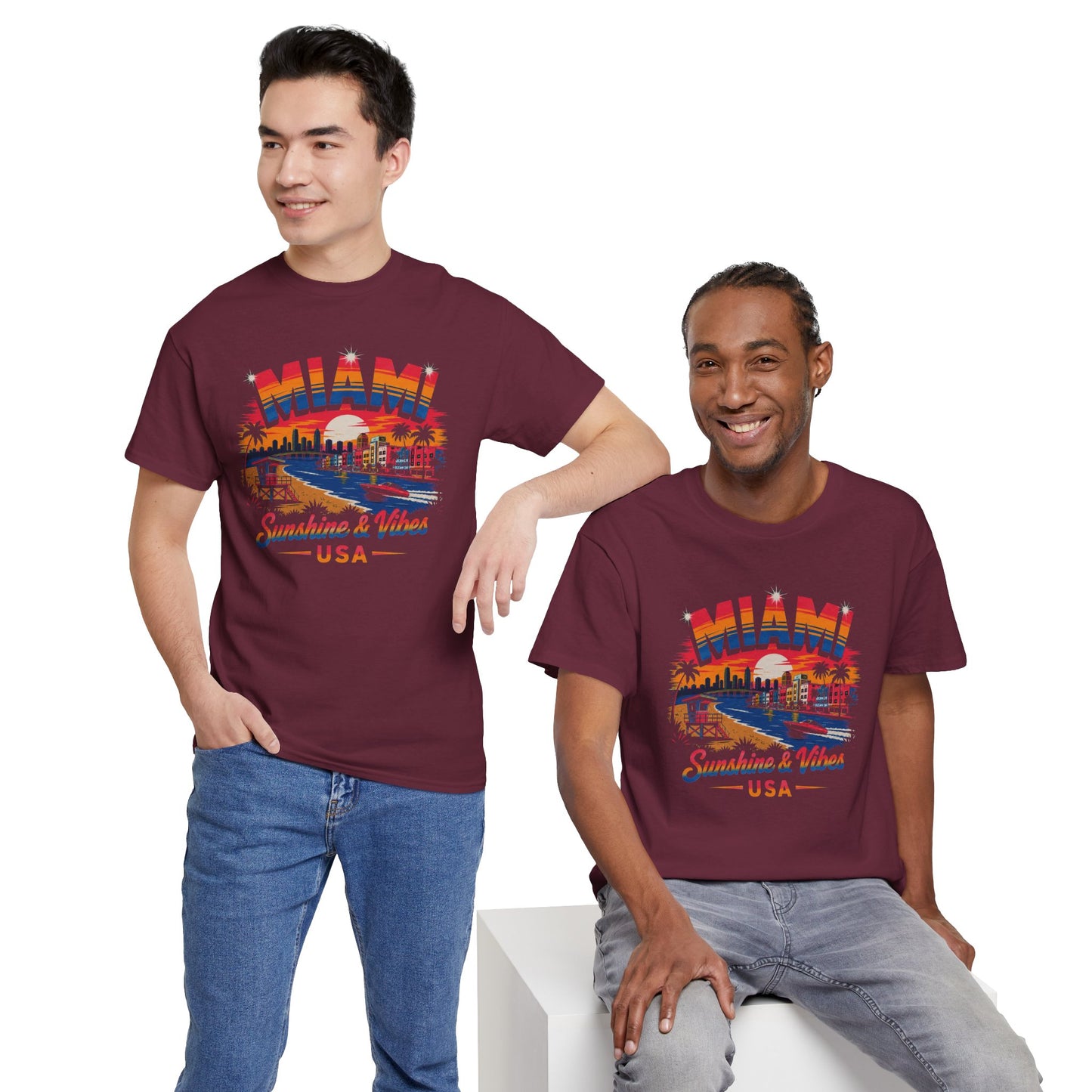 Maroon T-shirt with colorful Miami graphic and USA text on the chest