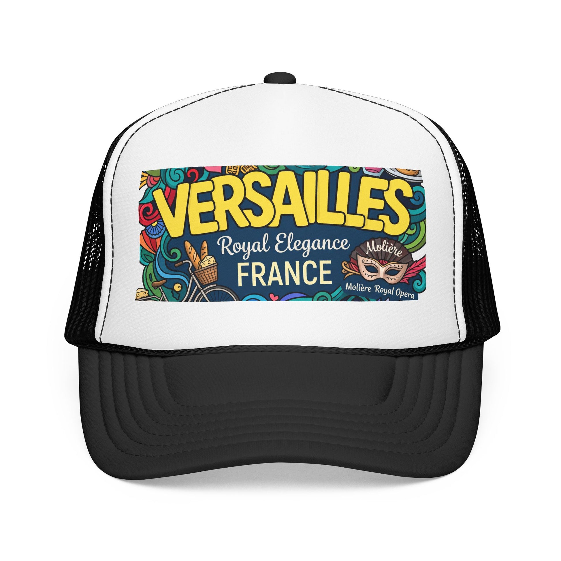 White and black trucker hat with mesh back and “Versailles France” front patch