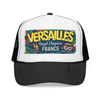 White and black trucker hat with mesh back and “Versailles France” front patch