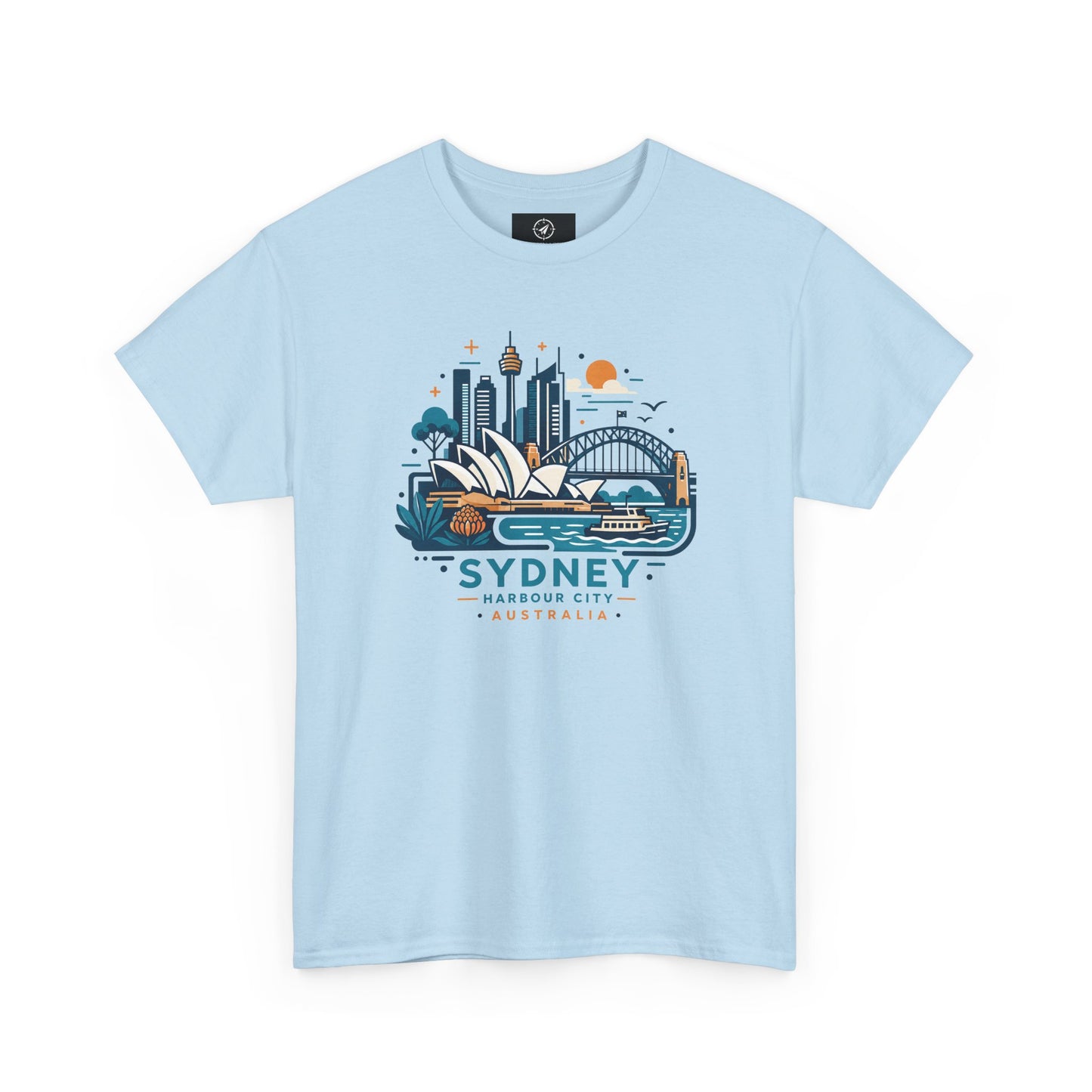 Light blue Sydney cityscape graphic T-shirt with crew neck and short sleeves
