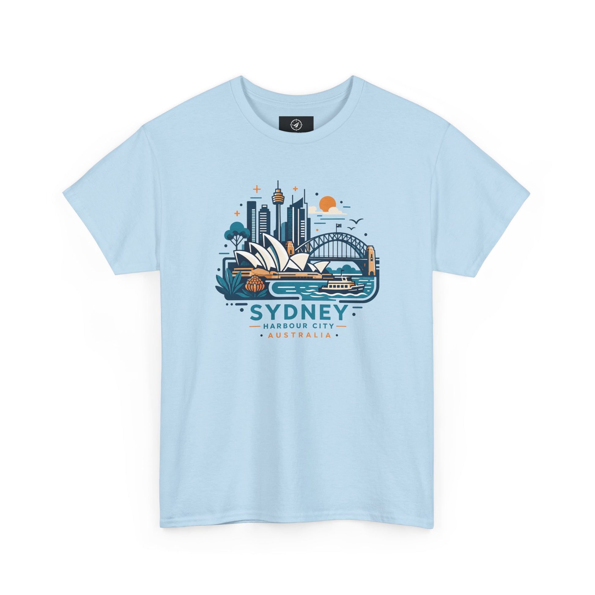 Light blue Sydney cityscape graphic T-shirt with crew neck and short sleeves